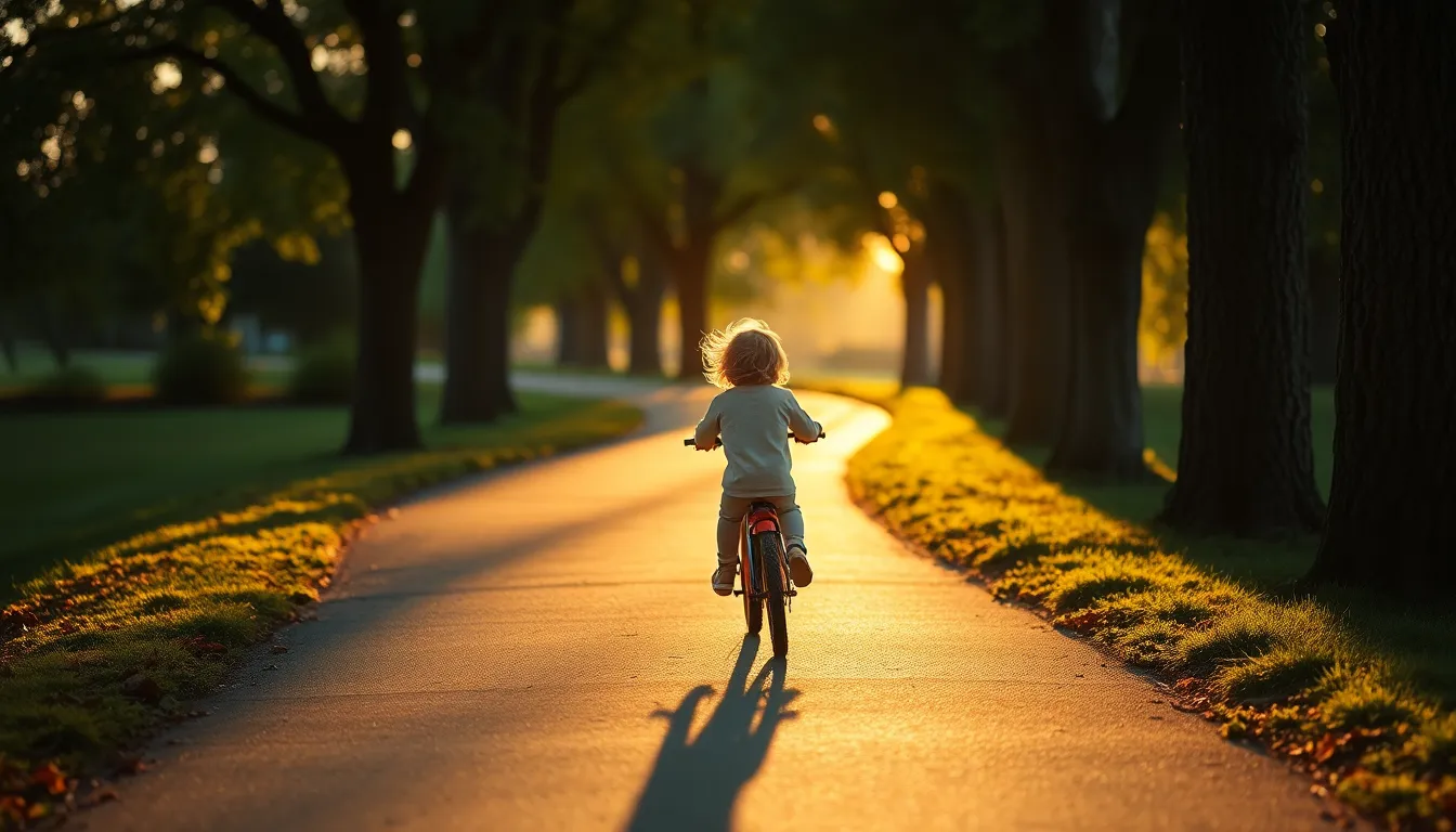 A child joyfully riding a bike down a winding path, surrounded by lush trees, captured during the enchanting evening hours. The warm sunlight casts long shadows while creating a soft glow over the scene. With a tilt-shift effect that adds a whimsical touch, the image conveys a sense of freedom and adventure, framed by the beauty of nature in muted, pastel colors.