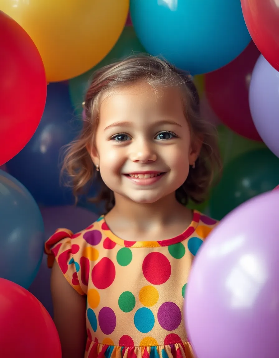 A young girl radiates joy at her birthday party, dressed in a colorful dress and surrounded by a vibrant array of balloons. The softly diffused Rembrandt lighting enhances the warmth of her expression, capturing the essence of childhood celebration. With rich colors and playful textures, this portrait evokes a sense of happiness and festivity. The center-focused composition draws attention to her cheerful demeanor, making it a perfect representation of joyful childhood memories.