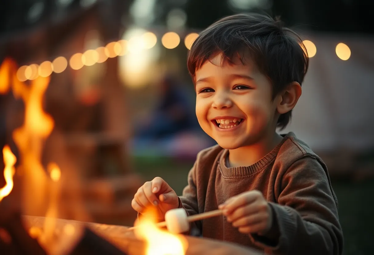 Against the backdrop of a crackling campfire, a child beams with delight as they roast marshmallows on a stick. The flickering light creates a warm glow, accentuating their joyful expression and the soft shadows of the surrounding campers. The Dutch angle adds an element of excitement to the scene, immersing viewers in this nostalgic camping experience. Rich colors and textures of the campsite evoke a sense of warmth and adventure.
