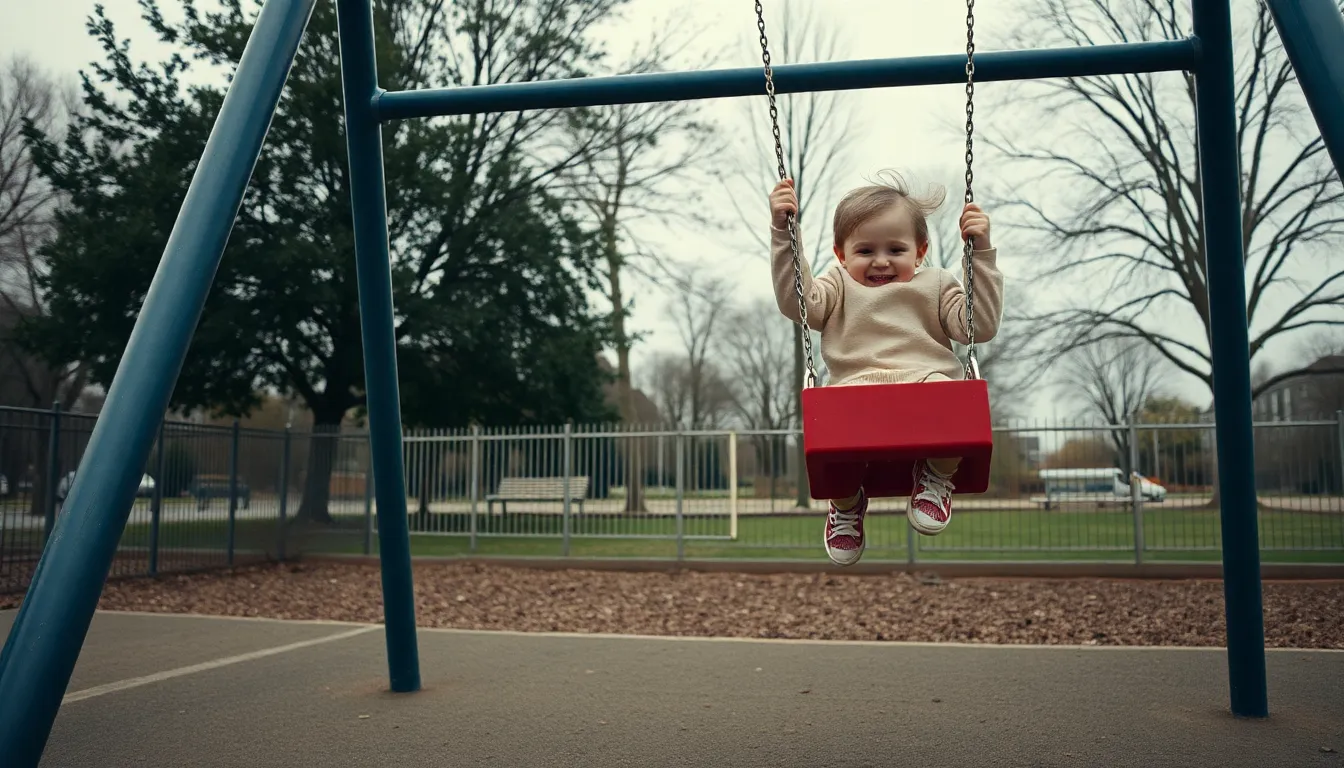 A dynamic shot of a child mid-jump on a playground swing, captured at a Dutch angle to convey an exhilarating sense of movement. The soft overcast light creates a gentle highlight on the child’s playful expression. Muted pastel tones enhance the scene's charm, celebrating the pure joy of childhood play. This image perfectly encapsulates the thrill of carefree moments.