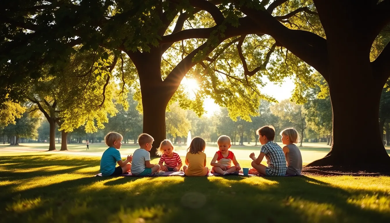A delightful scene of children gathered for a picnic under a sprawling tree in a sunny park. The dappled sunlight creates a magical ambiance, as laughter and joy fill the air. Their vibrant clothing contrasts beautifully with the earthy hues of the grass and tree trunk, capturing the essence of childhood friendship and the joys of nature. This image conveys a sense of warmth and carefree happiness.