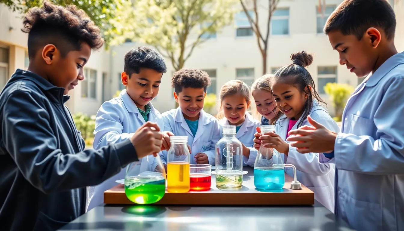 This dynamic image portrays a diverse group of children enthusiastically participating in a science experiment outside their school. Surrounded by colorful materials and equipment, their expressions of wonder and curiosity radiate energy. The bright sunlight creates sharp contrasts, emphasizing the vibrant colors of their clothing and surroundings. The focus on their hands and faces captures a pivotal moment of learning and discovery.