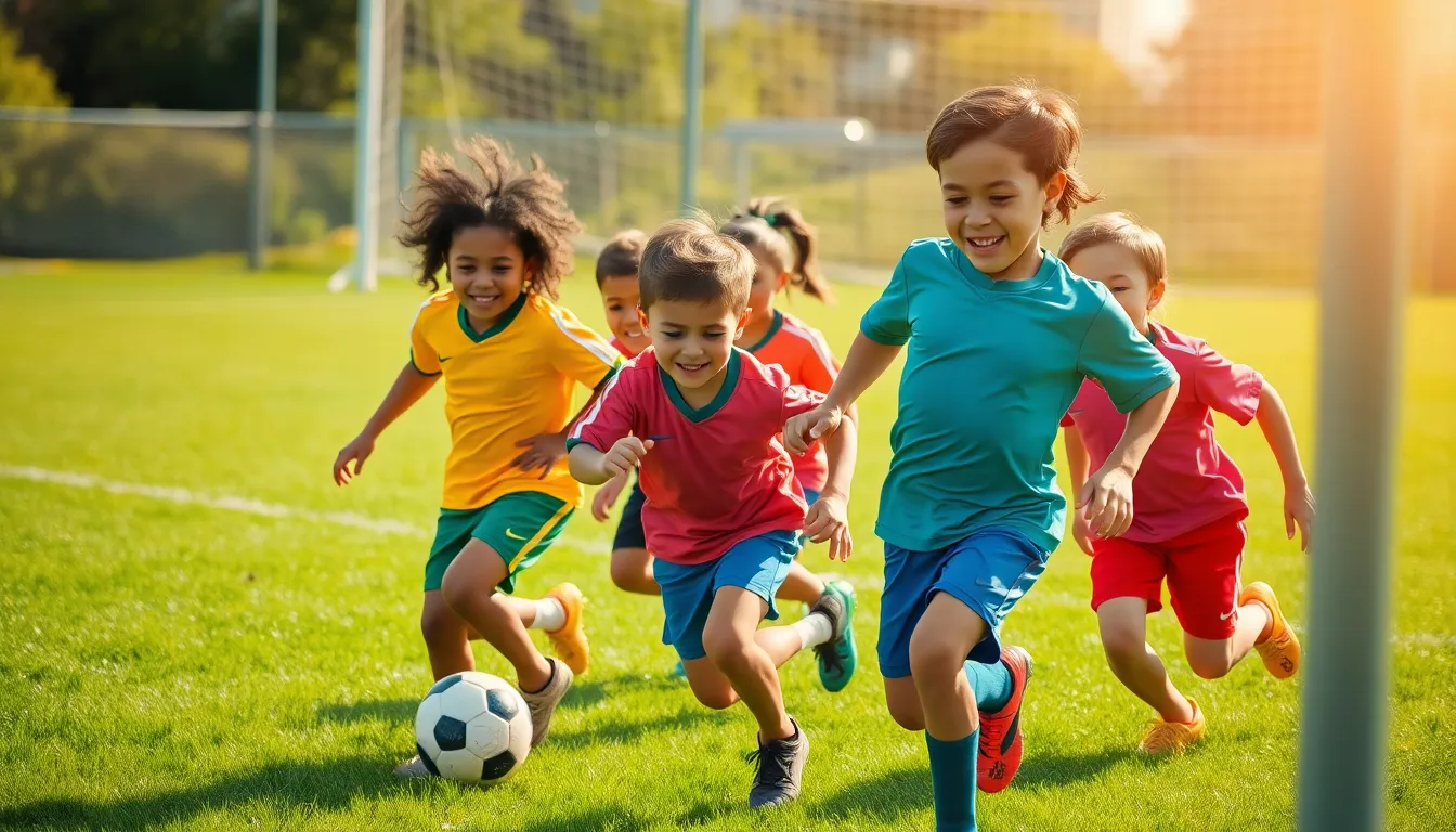 An exhilarating capture of a diverse group of children engaged in a spirited game of soccer on a sunny day. Their colorful jerseys pop against the lush green field, showcasing the joy and camaraderie of youth sports. The sunlight bathes the scene, creating a lively atmosphere filled with excitement and movement. This image beautifully illustrates the energy and friendships formed through play, making it a perfect representation of childhood.