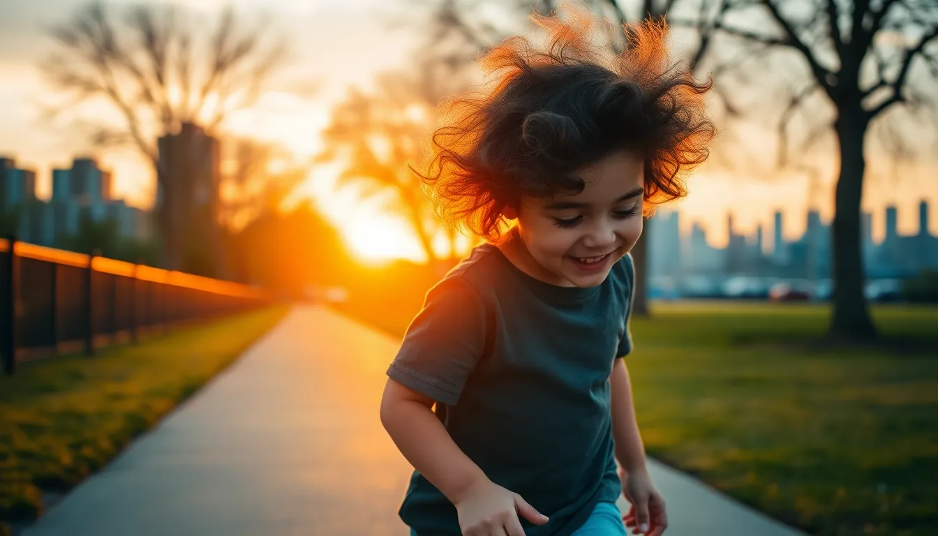 Two siblings share a moment of pure joy as they play together in an urban park during golden hour. The warm backlighting creates a magical halo effect around them, while the distant city skyline adds an urban charm to the background. The scene is filled with vibrant colors, highlighting their playful expressions and the dynamic movement of their games. This photograph encapsulates the essence of childhood, friendship, and the beauty of exploring the outdoors amidst the hustle and bustle of city life.