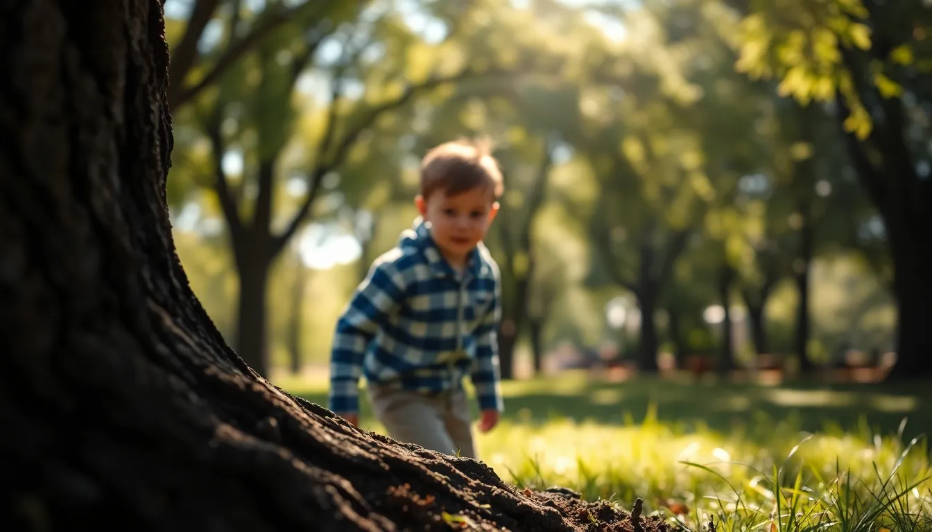A charming image of a child playfully peeking through leaves in a sun-dappled forest. The selective focus draws attention to the child's curious eyes, surrounded by soft, blurred greenery. The muted earth tones create a serene atmosphere, inviting the viewer into this tranquil moment in nature. This delightful scene captures the essence of childhood exploration.