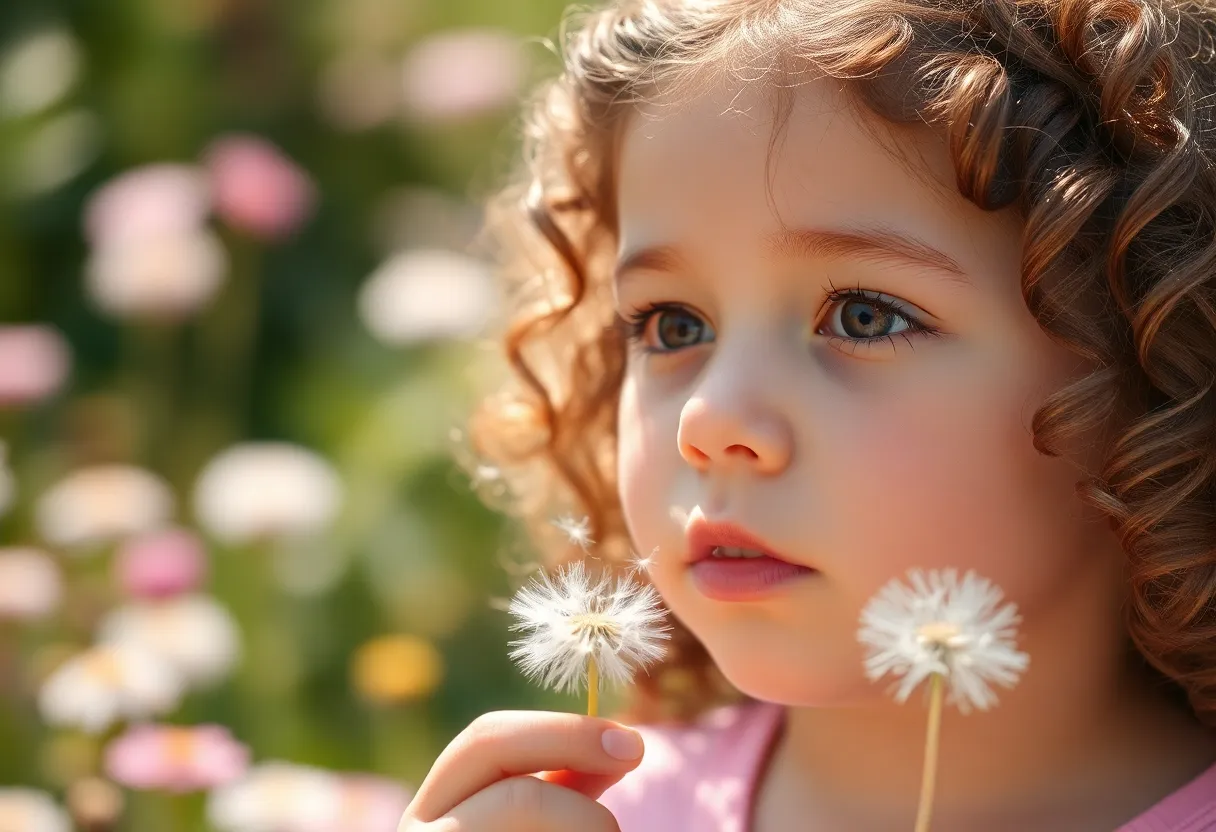 Girl Blowing Dandelion Seeds in Garden