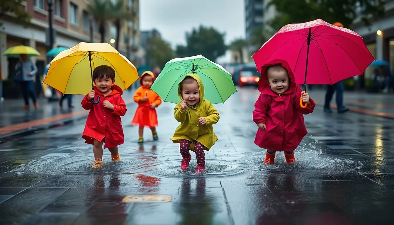 This lively image captures children joyfully splashing in puddles on a rainy day, each holding bright umbrellas. The overcast sky provides soft, diffuse light that enhances the playful spirit of the scene. Their colorful rain gear pops against the gray pavement, creating a vibrant atmosphere. The composition's diagonal lines add a sense of movement and energy, perfectly encapsulating the joy of childhood despite the rain.