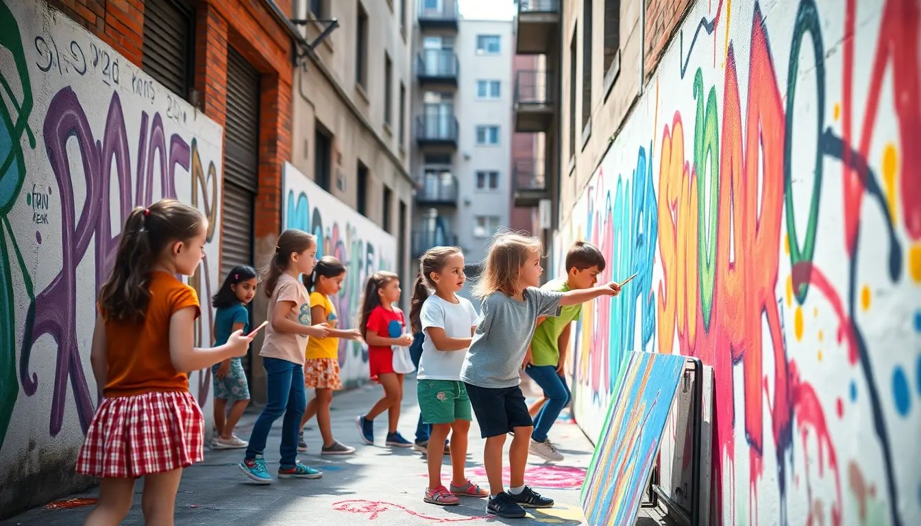 This lively image captures a group of children immersed in a street art workshop, showcasing their creativity as they paint vibrant colors on a concrete wall. The soft, natural daylight filters through the urban environment, enhancing the vivid colors of the artwork. The composition's leading lines guide the viewer's eye towards the children, emphasizing their joyful engagement. The sharp details of the textured walls and the children’s expressive faces create a dynamic and inspiring atmosphere.