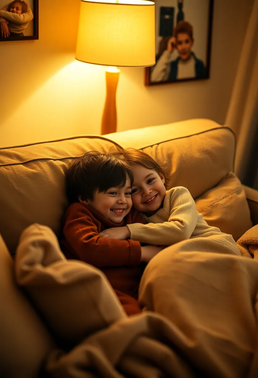 Siblings Cuddling on Cozy Couch