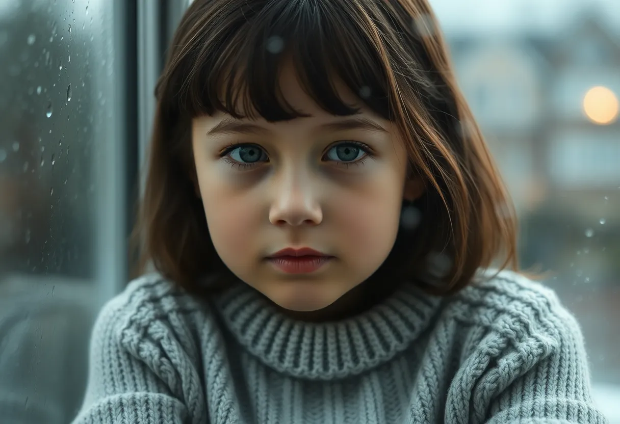 This evocative image captures a young girl gazing thoughtfully out a rainy window. The soft diffused light accentuates the serene mood, as raindrops create a natural background texture. Dressed in a cozy knitted sweater, her expression reflects both innocence and contemplation. The muted colors enhance the intimate atmosphere, making one feel the warmth inside while the rain falls outside.