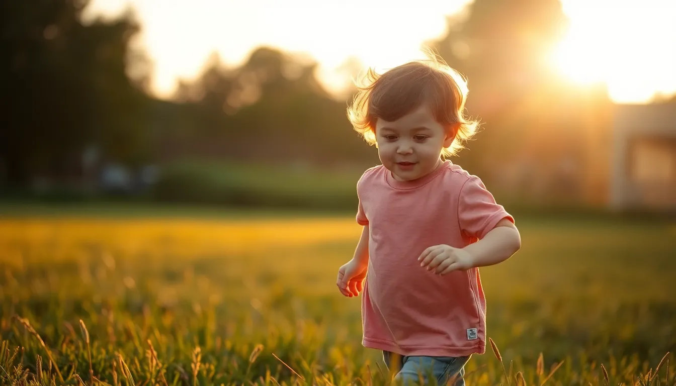 A joyful child running through a lush green field during golden hour, backlit by the warm sunlight. The scene captures the child’s carefree spirit, with a soft halo of light surrounding them. The warm colors of the setting sun illuminate their playful expression, while the blurred grass and background create a dreamy effect. The textures of the grass and cotton t-shirt enhance the image's warmth and richness.