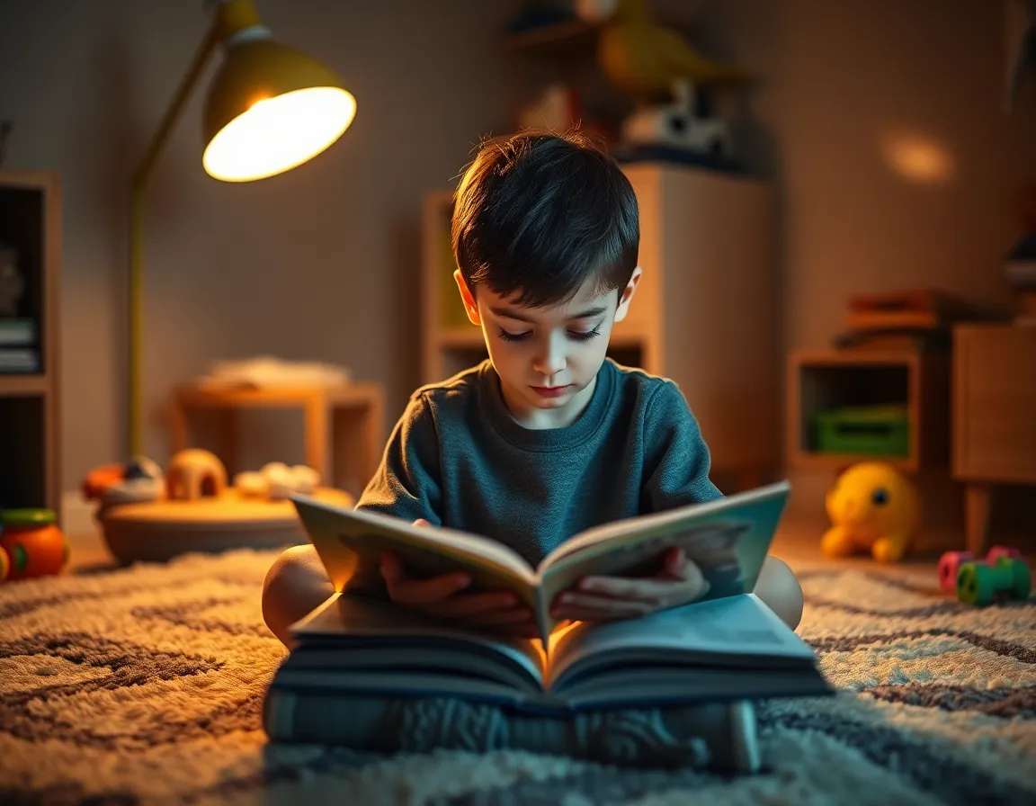 A young boy sits cross-legged on a plush rug, deeply engrossed in reading a book under the warm glow of a desk lamp. The soft, inviting light creates a cozy atmosphere, drawing attention to his focused expression and the vibrant illustrations in the book. Surrounding him are scattered toys that hint at a world of imagination. This intimate moment highlights the joys of childhood and the power of storytelling, captured in rich, muted tones that evoke warmth and comfort.
