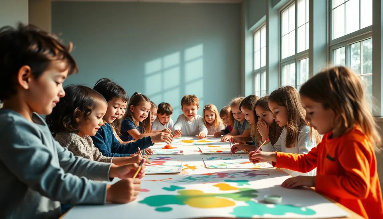 A group of diverse children gathered around a large table, fully engaged in an art project filled with colorful paints and textured paper. The soft diffused daylight from the floor-to-ceiling windows illuminates their focused faces, highlighting their creativity and enthusiasm. The vibrant teal and orange tones create a lively atmosphere, emphasizing the joy and diversity present in their shared experience.