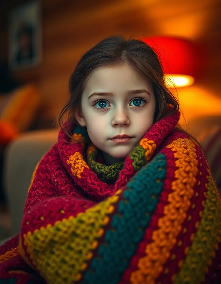 This enchanting portrait captures a young girl in a cozy room, wrapped in a colorful knitted blanket. The warm, inviting lighting from a table lamp enhances her delicate features, drawing attention to her contemplative expression. Surrounded by rich earth tones, the vibrant blanket adds a pop of color to the scene, creating an intimate atmosphere. The soft focus on the background allows the textures of the blanket to stand out, enhancing the overall warmth of the image.