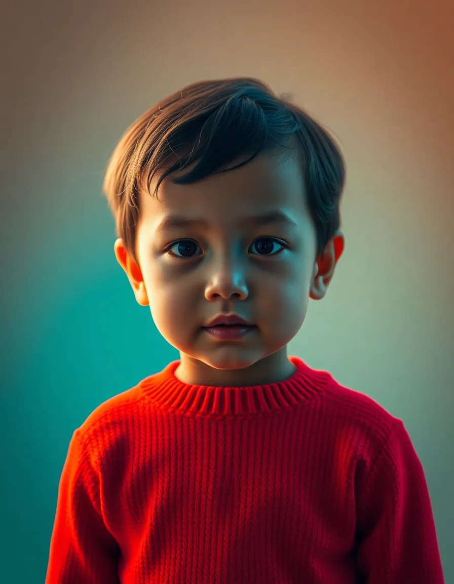 A captivating studio portrait of a child wearing a bright red sweater, centered against a softly lit backdrop. The three-point lighting setup enhances the child's features, with warm tones contrasting beautifully against the cool background. The meticulous detail in the sweater's texture highlights the child's expressive gaze. This image embodies creativity and innocence, perfect for editorial use.