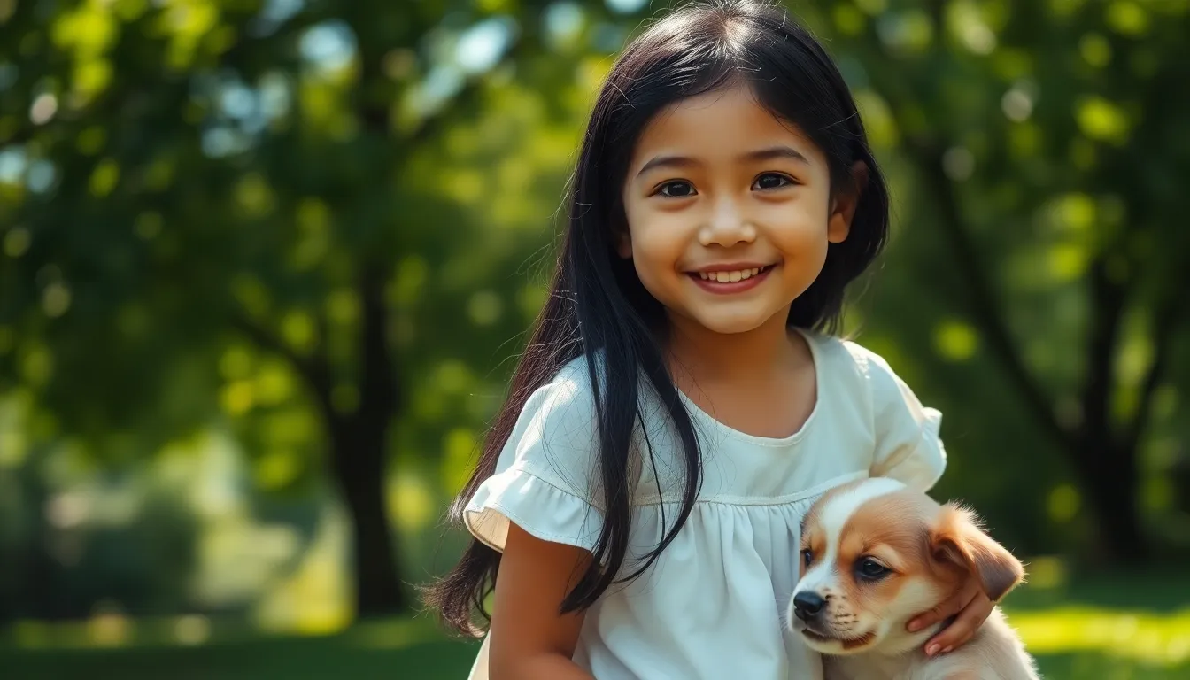 In a sunlit park, a young girl with long black hair and a white dress joyfully plays with a small puppy. The dappled sunlight filtering through the leaves creates a magical ambiance, accentuating the deep green hues around them. The child's pure smile and natural skin texture draw attention, while the soft focus of the background enhances the playful mood. The composition elegantly captures the essence of childhood joy and innocence.