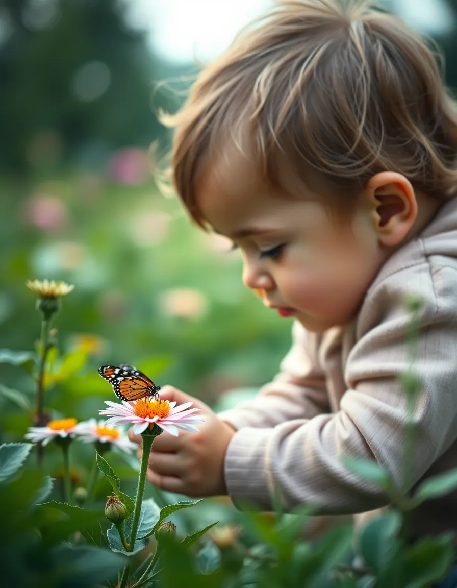 A curious toddler crouches in a vibrant garden, captivated by a butterfly resting on a colorful flower. Soft, diffused light envelops the scene, creating a tranquil atmosphere. The shallow depth of field beautifully isolates the child’s expressive face and the intricate details of the butterfly's wings. This image captures a precious moment of discovery and wonder in nature.