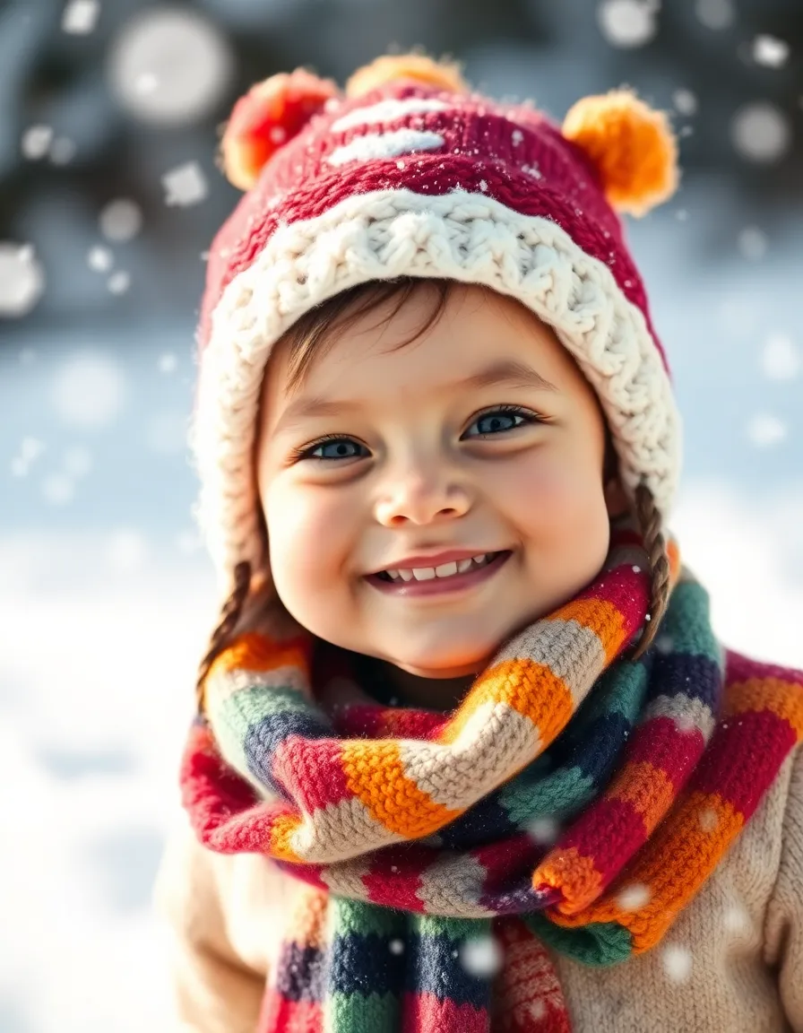 This delightful portrait features a toddler beaming with joy while wearing a whimsical hat and colorful scarf against a snowy backdrop. The soft natural light accentuates the warmth of the child's smile and adds a charming glow to their cheeks. The contrast between the white snowflakes and the vibrant accessories creates a playful atmosphere, celebrating the joy of winter adventures. With the shallow depth of field, the child's cheerful expression is perfectly highlighted, inviting viewers into this enchanting moment.