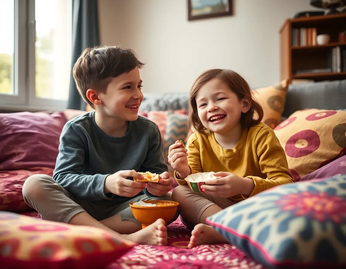 Siblings Sharing a Snack on Living Room Floor