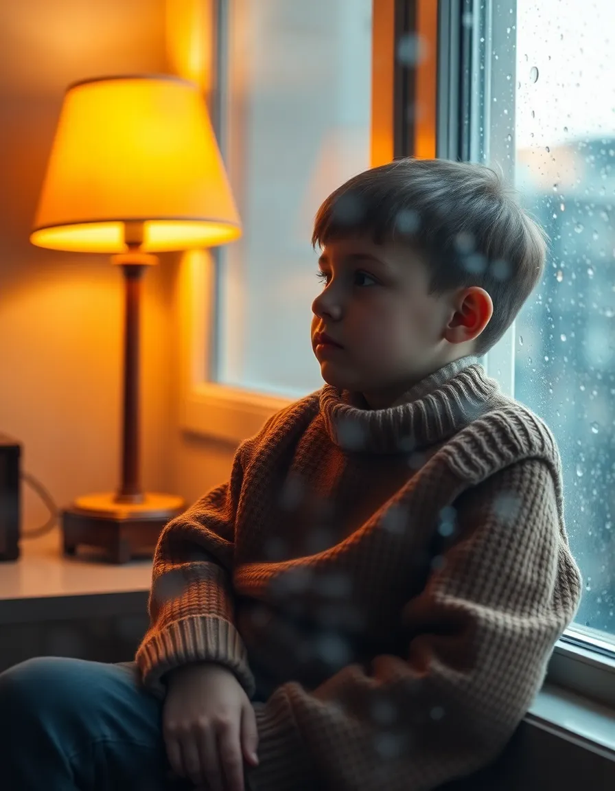This poignant portrait captures a young boy, dressed in a cozy sweater, sitting by the window during a rainy day. The warm light from a nearby lamp contrasts beautifully with the cool, diffused daylight filtering through the rain-streaked glass. His thoughtful expression invites reflection, while the soft focus on the background adds intimacy to the scene. The rich color palette, with warm tones against cool blues, evokes a sense of calm and contemplation, making it ideal for themes of introspection.