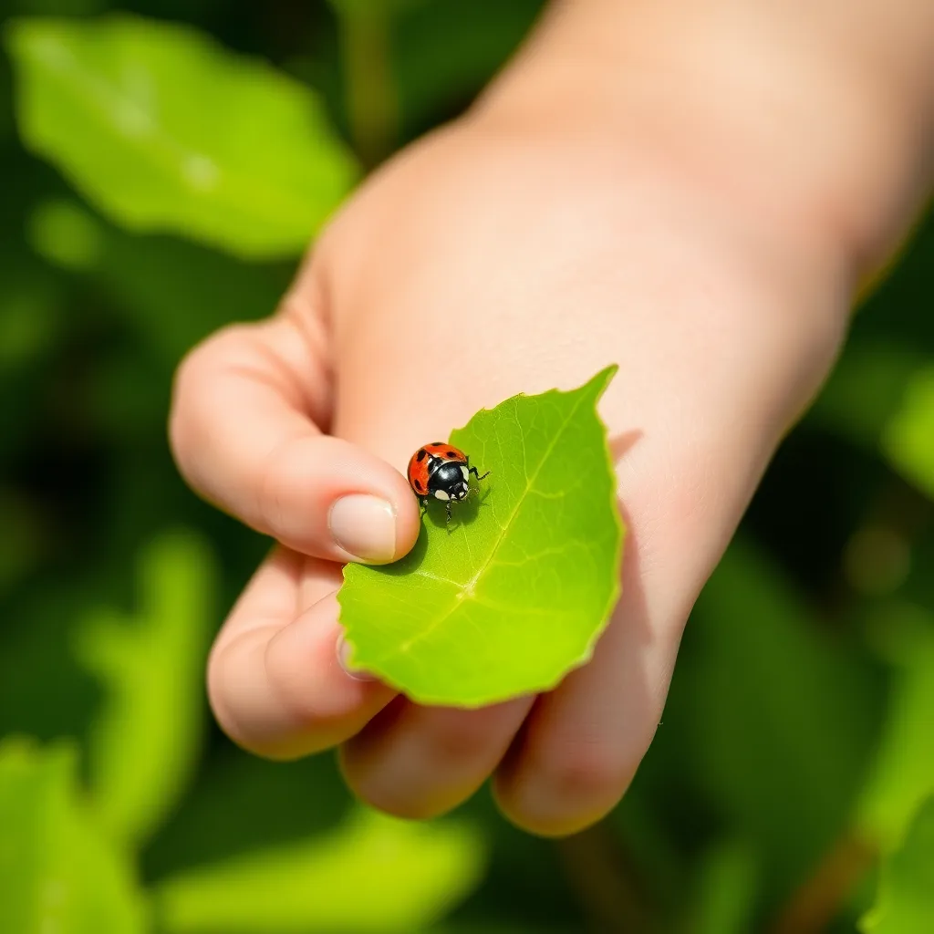 This enchanting close-up features a child's hand tenderly holding a ladybug on a lush green leaf. Natural light highlights the delicate skin textures and soft freckles on the child's hand, creating an intimate connection with nature. The rich, saturated colors evoke a sense of wonder, while the shallow depth of field expertly draws attention to the ladybug. This moment captures the magic of childhood curiosity and the beauty of small creatures.