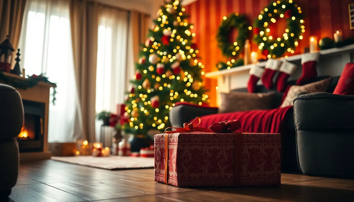 This image captures a warm and inviting Christmas living room, illuminated by the soft glow of a fireplace. A beautifully wrapped present sits prominently in the foreground, drawing attention, while a decorated Christmas tree fills the background. The rich reds and greens of the decorations evoke a classic holiday spirit, with cozy textures from knitted stockings and wooden floors adding warmth. The overall composition immerses viewers in the festive atmosphere, perfect for holiday-themed projects.