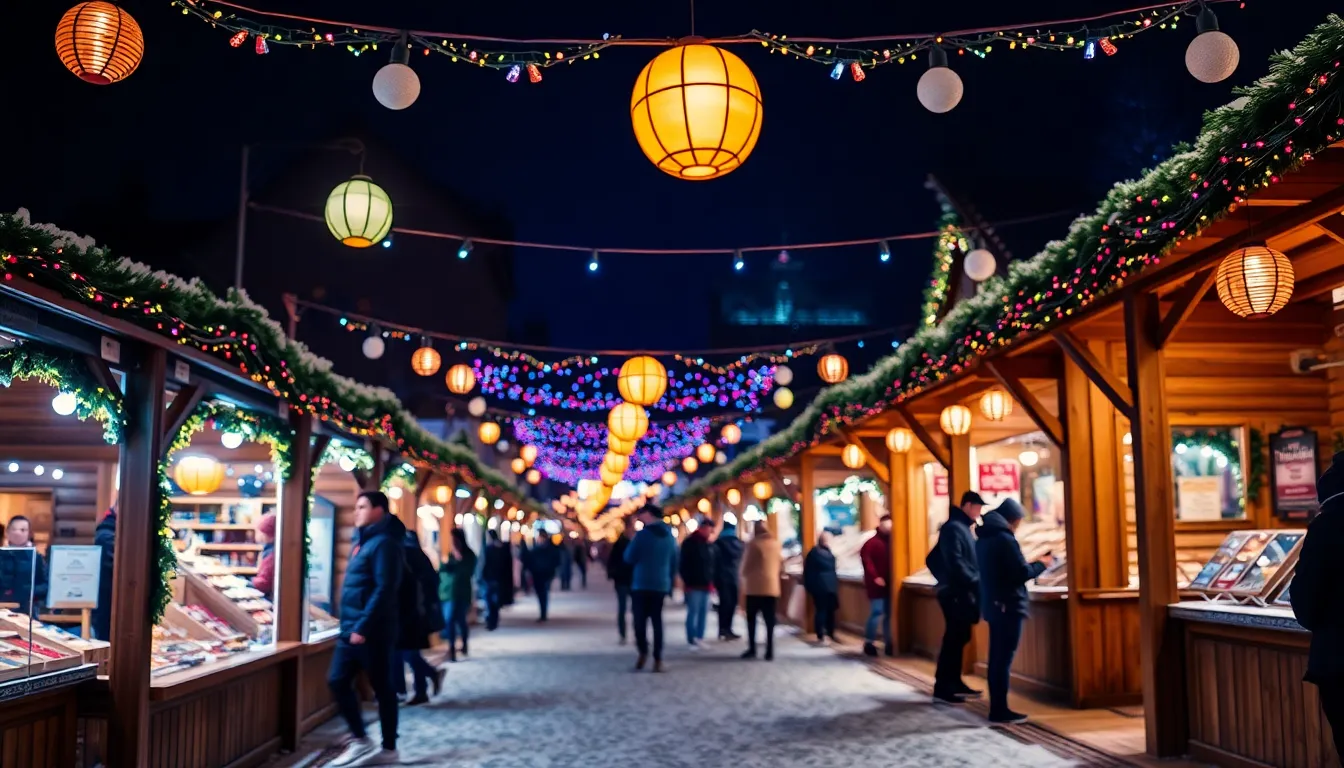 Experience the magic of a bustling Christmas market at night, beautifully illuminated by colorful string lights and lanterns. This image showcases wooden stalls filled with seasonal delights, captured in stunning detail. The vibrant color palette contrasts deep blues of the night sky with warm yellows of the lighting, enhancing the festive atmosphere. Soft snow covers the ground, adding a wintery touch, while rich textures create an inviting scene perfect for holiday promotions.
