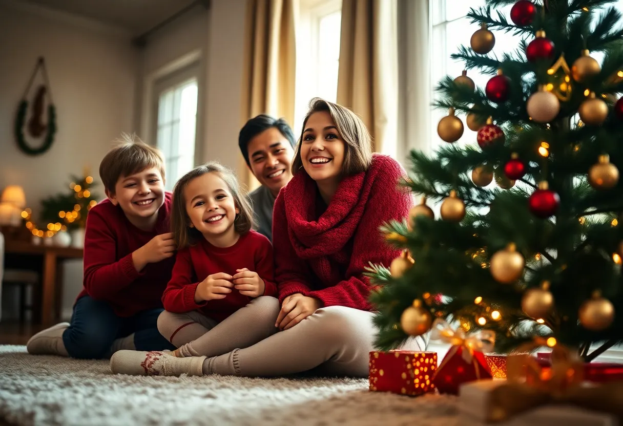 This heartwarming image captures a joyful family as they come together to decorate their Christmas tree. Bathed in warm natural light, their expressions radiate happiness and excitement. Vibrant colors of red, green, and gold from the ornaments add a festive touch, while the shallow depth of field draws attention to their interactions. The scene captures the spirit of togetherness during the holidays, making it perfect for family-oriented projects.