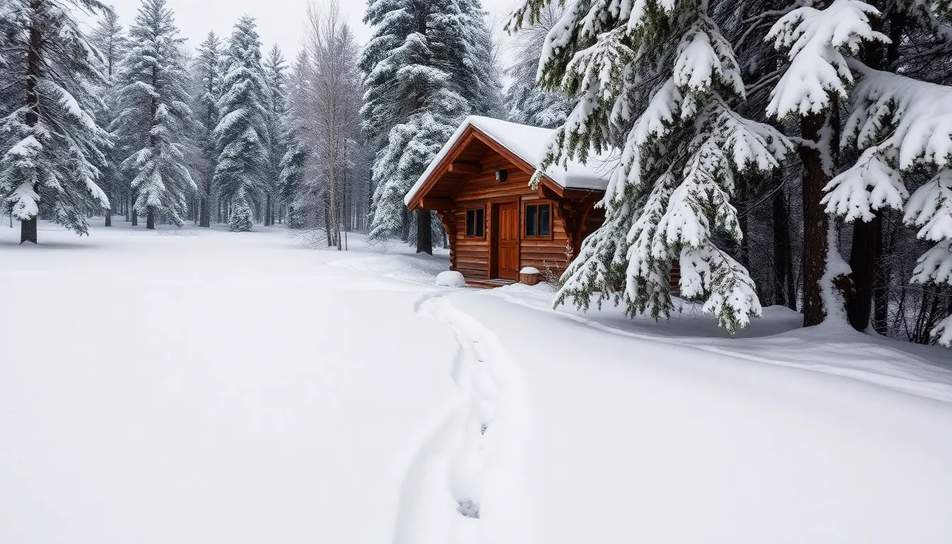 This tranquil image showcases a picturesque snowy landscape featuring a cozy cabin nestled among snow-laden trees. Overcast daylight bathes the scene in soft, even light, highlighting the serene beauty of winter. The rustic wooden cabin is framed beautifully, with fresh footprints in the snow inviting viewers into this peaceful setting. The muted earth tones and soft whites create an atmosphere of calm, making it ideal for winter and holiday-themed projects.