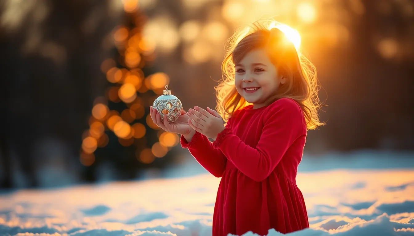 A young girl stands in a snowy field, wearing a vibrant red dress, joyfully holding a sparkling Christmas ornament. The golden hour casts warm light, creating a dreamy atmosphere as the sun sets behind her. The soft snow blanket beneath her feet catches glimmers of light, enhancing the magical holiday setting. The composition beautifully highlights her bright smile, embodying the spirit of Christmas.