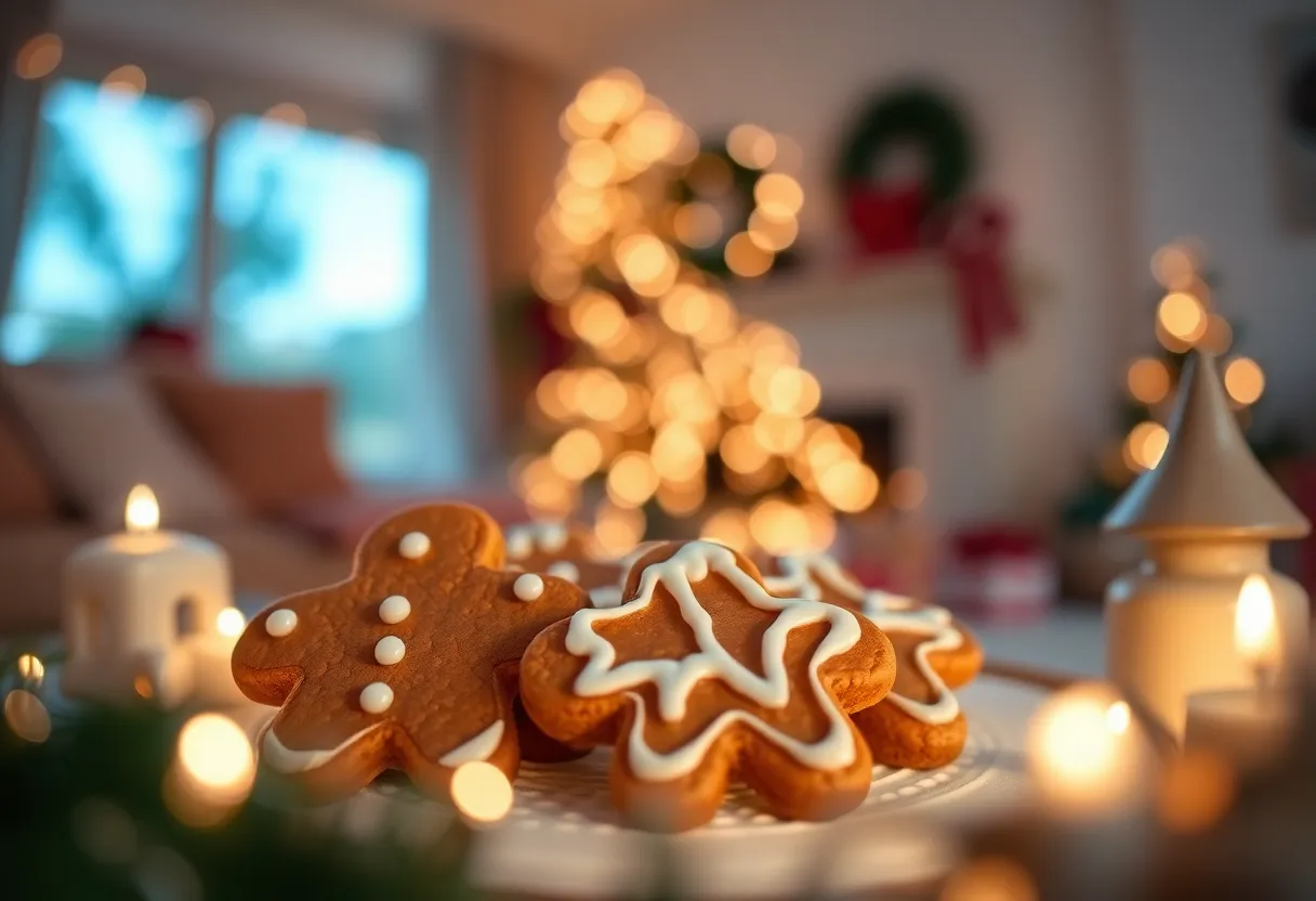 This charming close-up image showcases intricately decorated gingerbread cookies, beautifully capturing the delightful details of the icing and festive themes. The warm glow from holiday lights in the background creates a cozy atmosphere, enhanced by the creamy bokeh effect. The nostalgic feel, thanks to the warm tones, invites viewers to experience the sweetness of the season, making it perfect for holiday-themed projects.