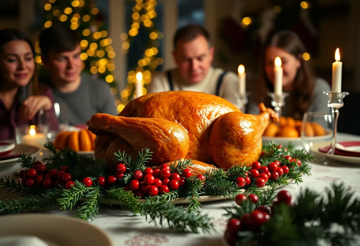 This image presents a sumptuous Christmas feast set on a beautifully decorated table, featuring a golden roasted turkey surrounded by vibrant garnishes. The three-point studio lighting enhances the textures of the dishes, with shadows adding depth to the scene. The warm tones of the Kodak Portra color palette evoke a feeling of warmth and festivity, inviting viewers to imagine a joyful family gathering during the holiday season.