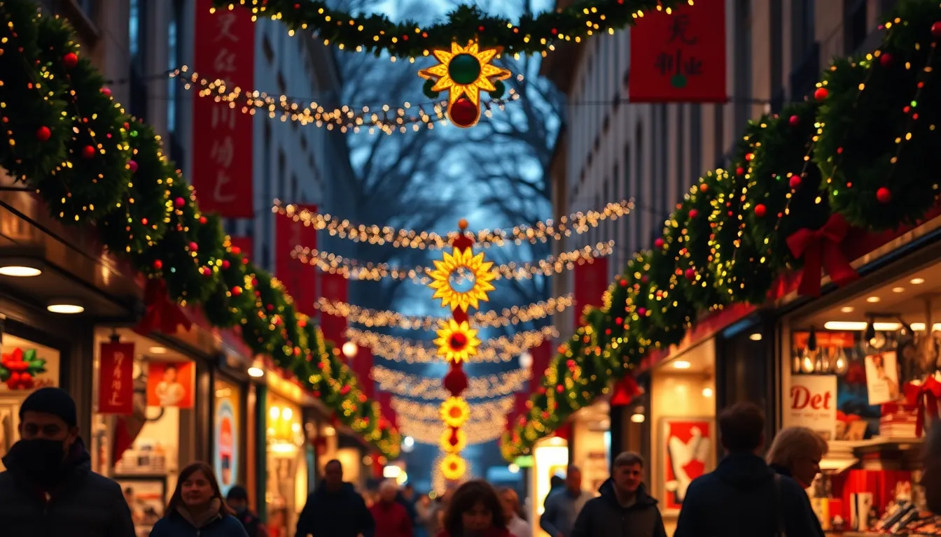 A vibrant scene from a bustling holiday market, filled with cheerful shoppers and decorated with colorful banners and lights. The warm late afternoon light dances through the decorations, creating a magical atmosphere. The background blurs with bokeh from festive lights, emphasizing the joy and energy of the market. This image captures the essence of holiday shopping, filled with lively interactions and a rich tapestry of colors.