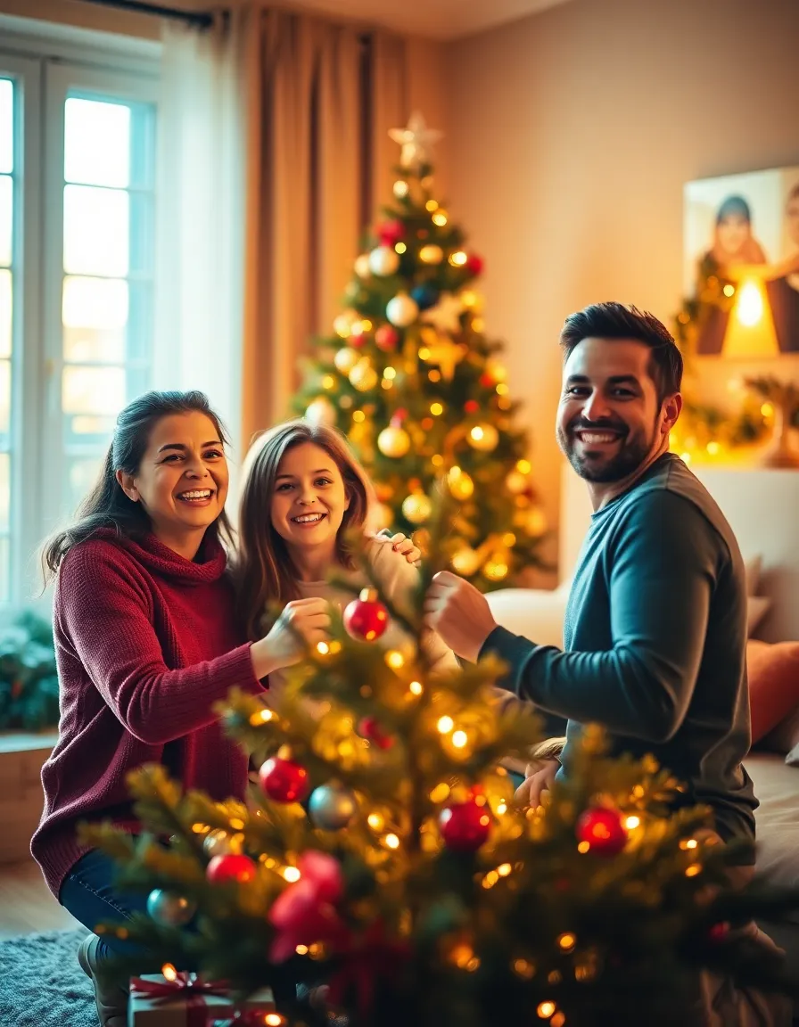 A joyful family gathers in their cozy living room, enthusiastically decorating a beautifully adorned Christmas tree. Warm sunlight pours through the window, casting a golden glow that highlights their cheerful expressions. The scene embodies the spirit of togetherness and celebration, overflowing with colorful ornaments and laughter, making it the perfect representation of holiday joy.
