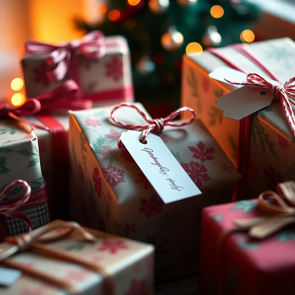 This close-up scene features an array of beautifully wrapped Christmas gifts, each showcasing unique designs and charming tags. Soft diffused light enhances the exquisite textures of the wrapping paper, while warm colors create an inviting holiday atmosphere. The shallow depth of field draws attention to the details, capturing the essence of thoughtful gift-giving. This image embodies the spirit of generosity and joy present during the festive season.