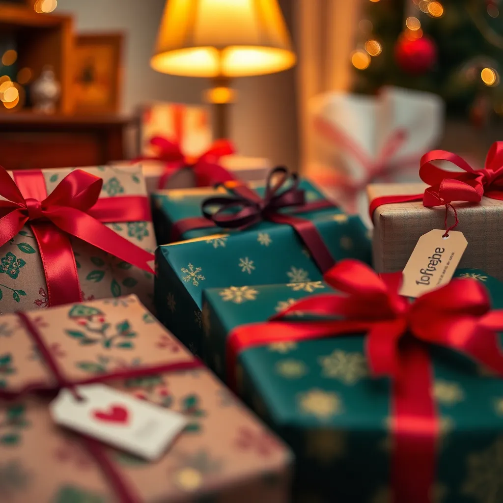 A striking close-up of intricately wrapped Christmas presents showcasing the joy and anticipation of the holiday season. The warm glow from a desk lamp accentuates the rich colors and textures of the glossy wrapping paper and vibrant ribbons. With a beautifully blurred background, the scene emphasizes the details that make each gift special. This photograph captures the excitement and festive spirit of giving during Christmas.