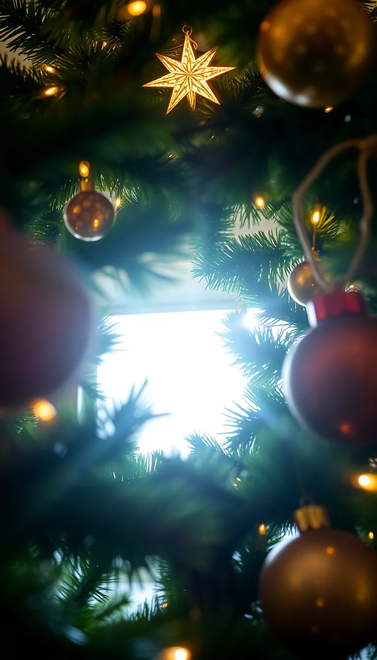 This close-up image showcases the intricate details of an exquisitely adorned Christmas tree, captured from a dramatic low angle. Natural daylight highlights a star ornament at the top, creating a beautiful halo effect, while the shallow depth of field emphasizes the rich colors and textures of the decorations. The overall composition draws the viewer's eye upwards, inviting them to experience the magic of the holiday season.