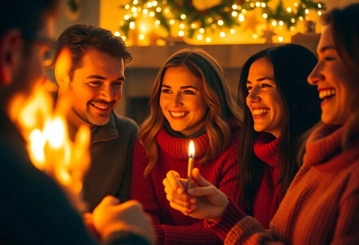 This heartwarming image showcases a group of friends gathered around a crackling fireplace, sharing laughter and stories on Christmas evening. The warm glow from the fire casts flickering shadows, creating a cozy atmosphere. The cinematic colors enhance the richness of the scene, capturing the joy and warmth of friendship during the festive season.
