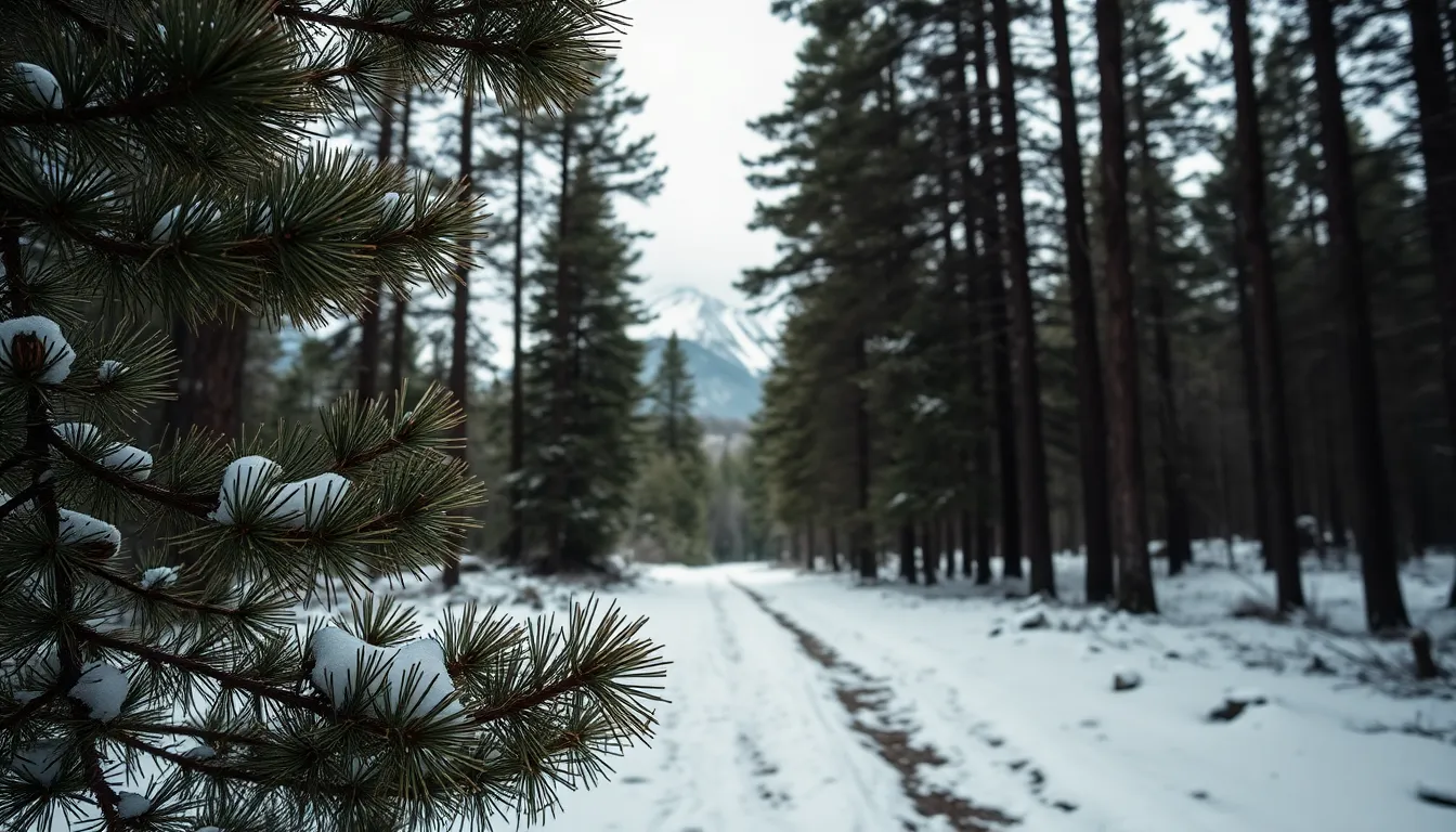 This serene image captures a snow-covered path winding through a tranquil pine forest, beautifully illuminated by soft, diffused daylight. The overcast sky adds to the calm atmosphere, while the composition features leading lines of pine branches that draw the eye deeper into the woods. Natural muted tones and fine textures of snow-dusted pine needles enhance the peaceful winter ambiance. Perfect for evoking the quiet beauty of nature during the Christmas season.