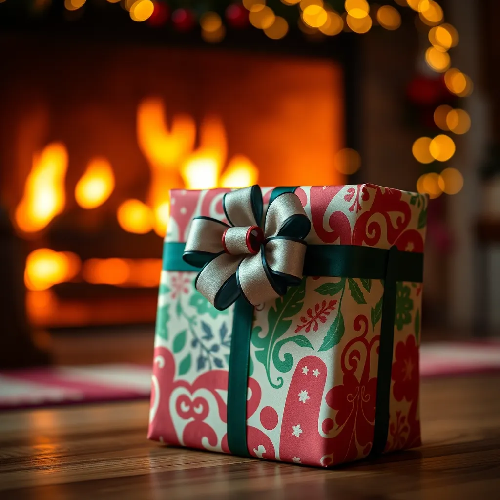 An elegantly wrapped Christmas gift positioned next to a cozy fireplace in warm, inviting light. The image focuses on the intricate bow of the gift, creating a striking contrast against the soft bokeh backdrop. The vibrant colors of the wrapping paper stand out, enhanced by the warm glow of the fire. This image captures the spirit of giving during the holidays, perfect for any Christmas-themed project.