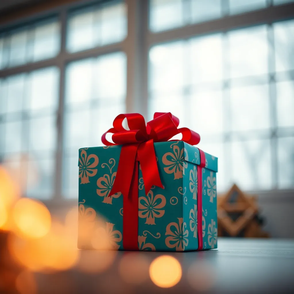 A stunning close-up image of a beautifully wrapped Christmas gift box, featuring vibrant wrapping paper and a luxurious red bow. Soft, diffused daylight filters through large windows, illuminating the colors while creating a serene atmosphere. The shallow depth of field enhances the textures of the gift and draws attention to the intricate details of the wrapping. This image captures the excitement of holiday gift-giving.