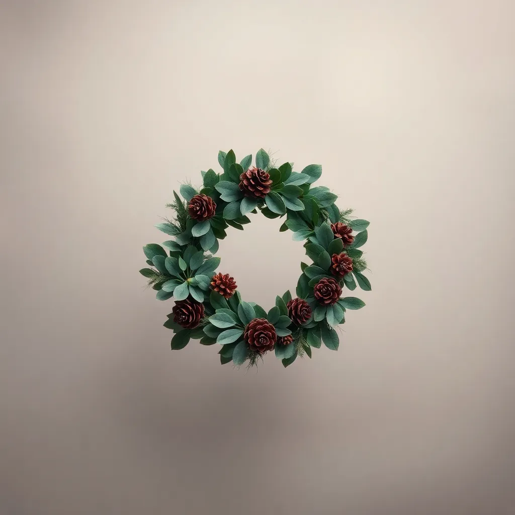A beautiful wreath made of eucalyptus and pine takes center stage, capturing the essence of a natural holiday decoration. The intricate details of the leaves and pinecones are accentuated by soft studio lighting, creating a peaceful and inviting atmosphere. The subtle color palette enhances the organic feel of the wreath, making it a perfect centerpiece for any festive setting. The composition allows for a close-up appreciation of the textures and craftsmanship.