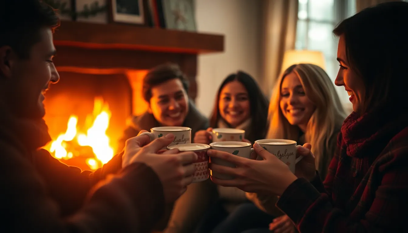A cozy scene depicting a group of friends toasting mugs of hot cocoa by a softly flickering fireplace. The warm firelight casts gentle shadows on their joyful faces, evoking a sense of warmth and togetherness during the holiday season. The macro lens captures intricate details of the mugs and the cozy atmosphere of the living room, with warm muted tones enveloping the scene. Using foreground framing through the fireplace enhances depth, inviting viewers to feel immersed in this festive moment.