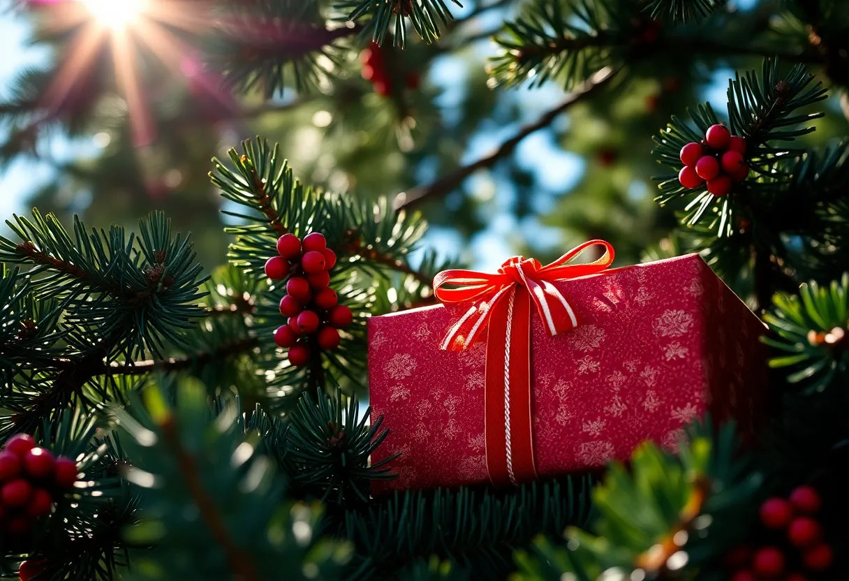 Nestled among fresh pine branches, a beautifully wrapped Christmas present stands out with its vibrant colors and shimmering ribbon. Dappled sunlight filters through the tree canopy, creating enchanting highlights around the present. The rich colors evoke the warmth and excitement of holiday gift-giving in a natural setting. The composition draws the eye to the present, inviting viewers to imagine the joy it brings.