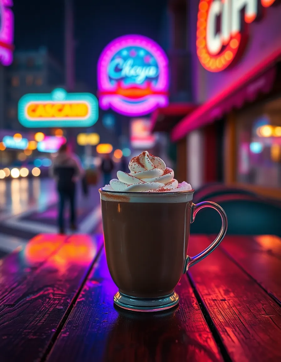 This inviting image showcases a steaming cup of hot cocoa, artfully garnished with whipped cream and a sprinkle of cinnamon. The cup is illuminated by vibrant neon signage, reflecting on the wet pavement, creating a dynamic contrast against the cozy drink. The subtle details, such as condensation on the cup and the rich texture of the rustic wooden table, invite viewers to experience warmth during the festive season. The cinematic color grading enhances the overall ambiance, making it perfect for holiday-themed marketing.