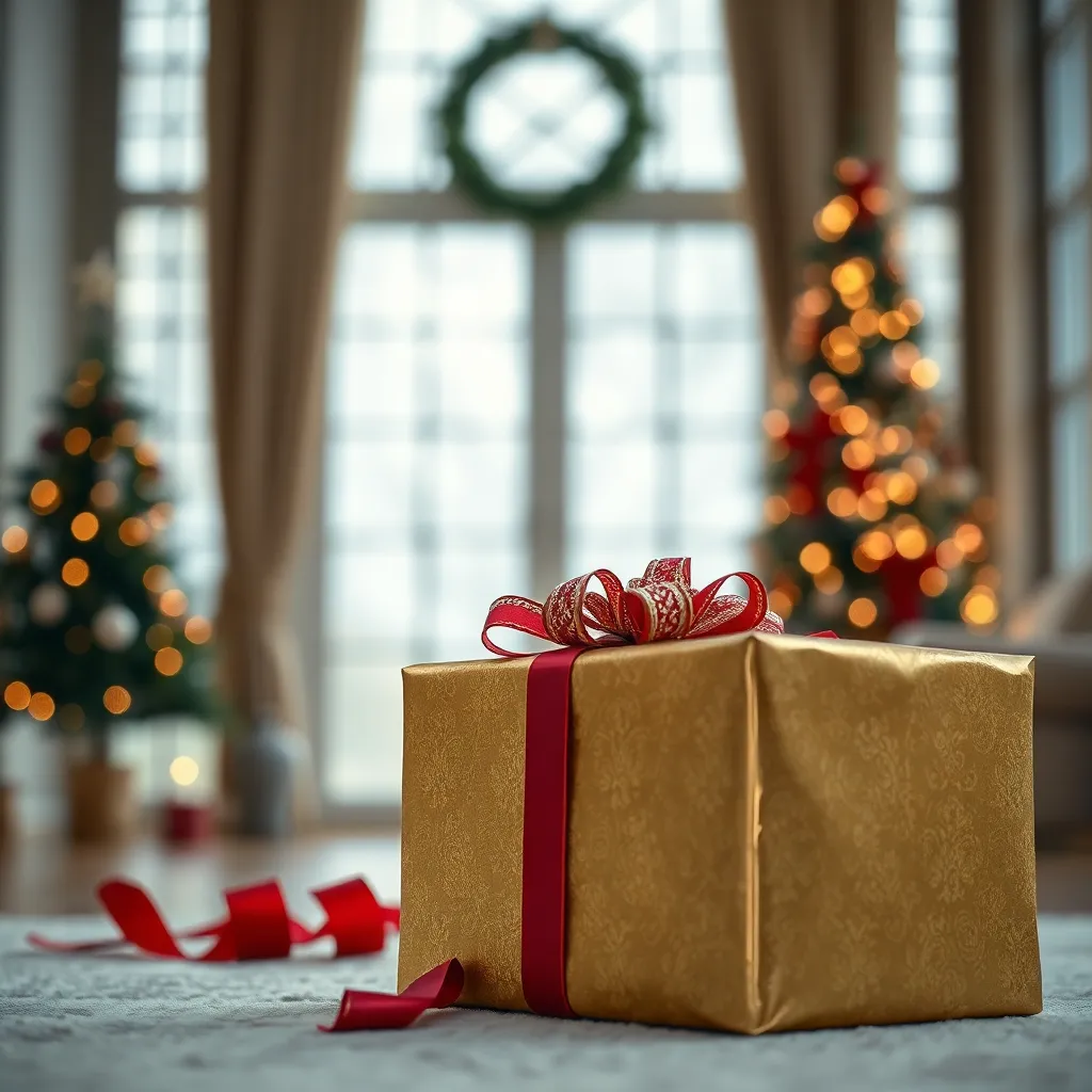 This stunning close-up captures a beautifully wrapped Christmas gift adorned with luxurious gold and red paper and an exquisite bow. The soft, diffused daylight creates a serene atmosphere, emphasizing the intricate details of the wrapping. The composition draws the eye to the gift, evoking feelings of anticipation and joy associated with the holiday season.
