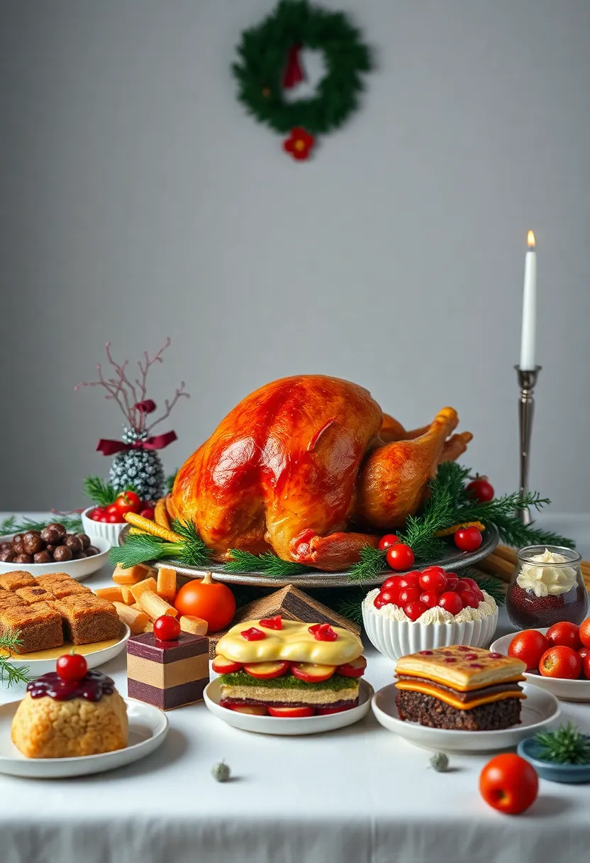 An exquisite arrangement of a festive Christmas feast featuring a golden roast turkey at the center, surrounded by vibrant vegetables and seasonal desserts. The three-point studio lighting enhances the natural colors of the food, which are richly saturated thanks to Fujifilm Velvia-inspired color science. The composition is centered symmetrically, inviting the viewer to appreciate every detail of this delightful spread. This image captures the joy and abundance of the holiday dining experience.