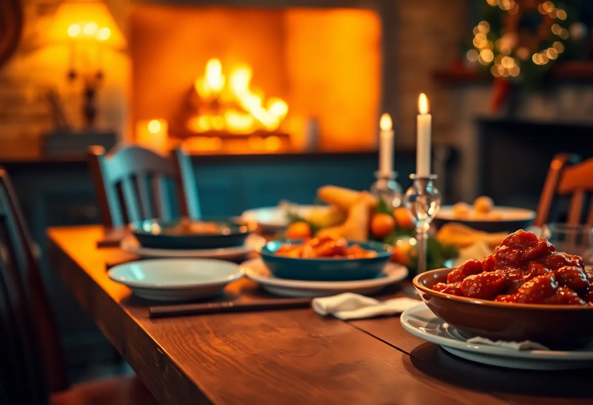 This inviting image captures a sumptuous Christmas feast arranged artfully on a rustic wooden table, illuminated by the warm flickering light of a fireplace. The shallow depth of field emphasizes the vibrant colors of the dishes, creating a mouthwatering focal point. The cinematic color grading enhances the cozy atmosphere, inviting viewers to share in the warmth and joy of the holiday dining experience.