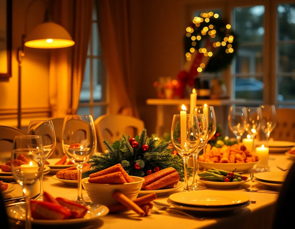 An elegant Christmas dinner table beautifully set with fine china, glistening glassware, and sumptuous dishes, creating a festive dining atmosphere. The warm light from a desk lamp illuminates the rich textures of the tablecloth and the food, enhancing the inviting appeal. With a focused depth of field, the details of the table setting come alive, making this image perfect for showcasing holiday feasts and celebrations.