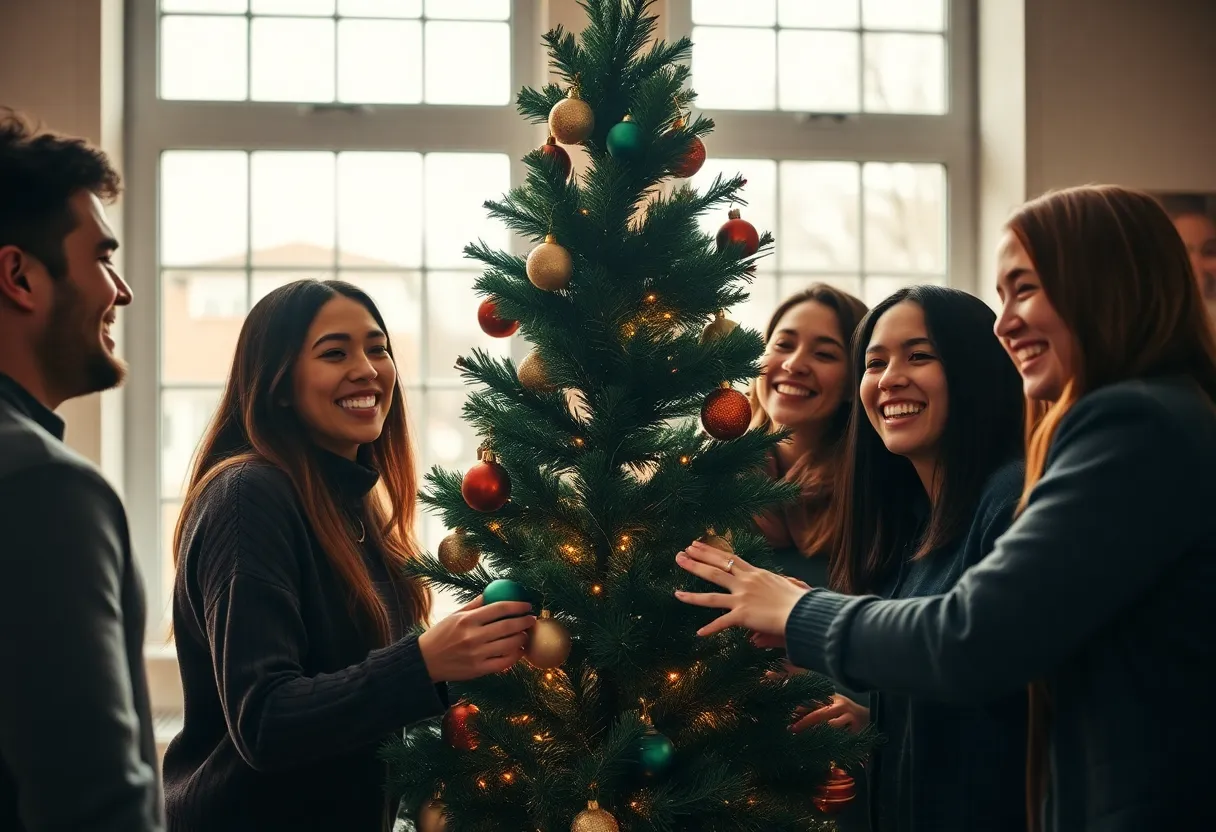 Friends Decorating Christmas Tree Together